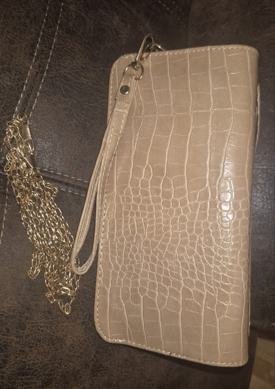 Croc-Embossed Beige Wristlet Clutch with Detachable Gold Chain
